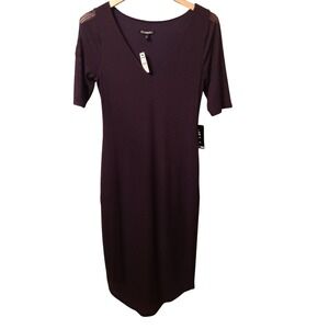 Express‎ Ribbed V Neck Sheer Sleeve Midi Dress Plum Purple M NWT
